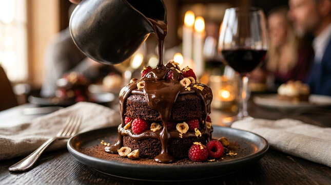 Chocolate pouring over a decadent chocolate cake with raspberries and nuts on a plate
