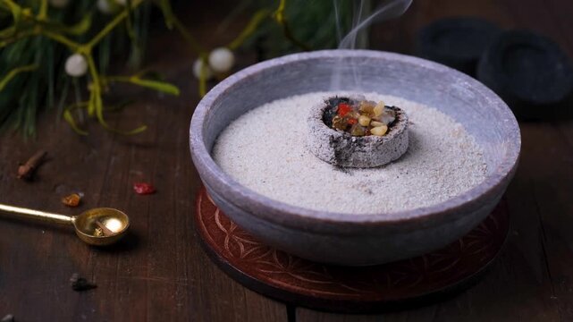 Close-up of incense burning on glowing charcoal with dark background
