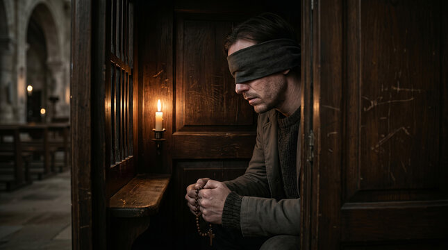  Blindfolded Bearded Man Standing Inside Wooden Confessional Booth in Cathedral with Candlelight, Confession and Faith Concept