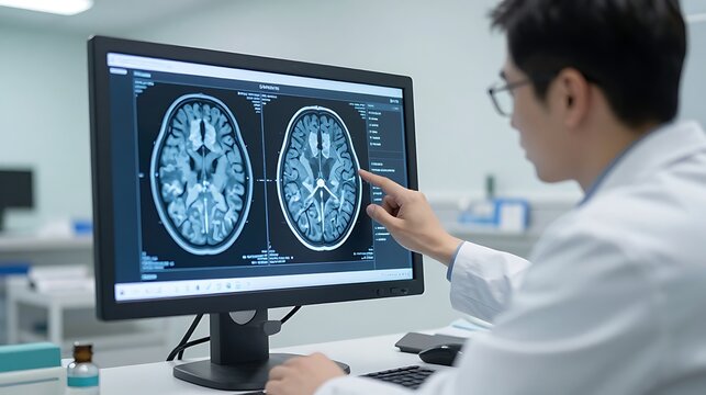Doctor analyzing brain scans on computer screen in medical lab