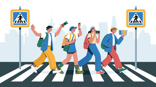 Group of diverse tourists with backpacks and cameras walking across a pedestrian zebra crossing in a busy city with road signs.
