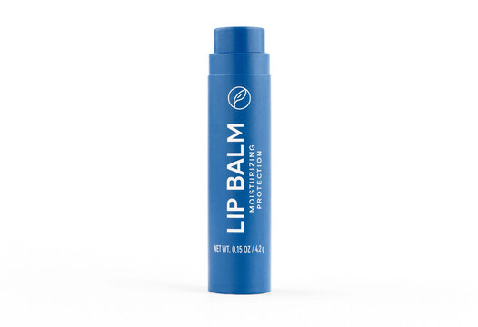 Blue lip balm tube with moisturizing protection label isolated on white background