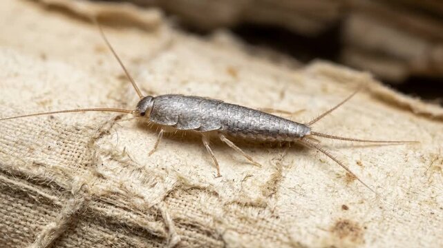 Silverfish insect crawling on old paper, household pest macro