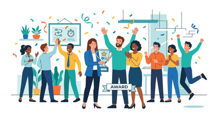 Fototapeta premium Celebrating Team Success: Diverse Employees Receive Award with Confetti