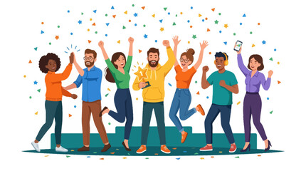 Obraz premium Diverse Group Celebrating Success with Confetti and Trophy - Teamwork Victory