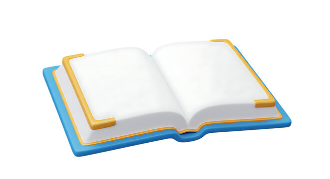 3d icon of an open blue book with blank white pages and yellow corners, isolated on transparent background