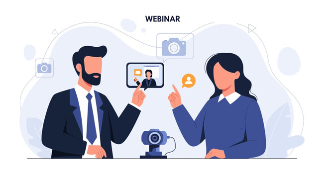Diverse Professionals Engage in Online Webinar Presentation and Communication, Featuring Webcam and Digital Interface