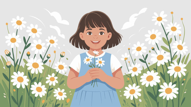 Beautiful young girl smiling in a bright field of daisies while holding a small bunch of handpicked flowers.