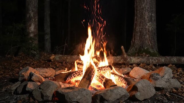 Glowing campfire burning inside stone ring in night forest