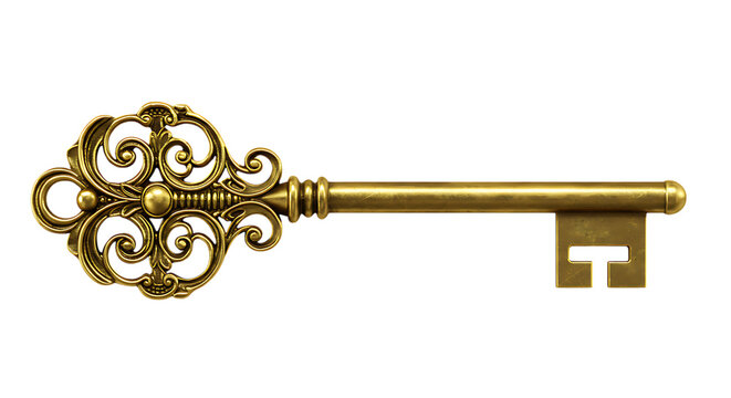3d icon of antique ornate brass skeleton key isolated on transparent background