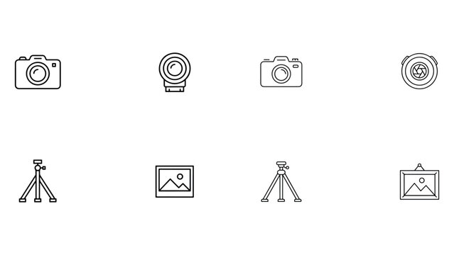 Set of 8 vector icons, such as photo camera, photography lens, tripod and image, editable stroke.