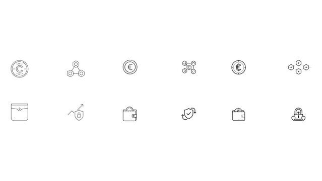 Set of financial technology fintech business icons euro crypto currency block chain digital payment future technology wallet security icon.