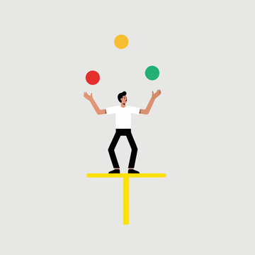 Man juggling colorful balls while balancing on a bar concept vector illustration