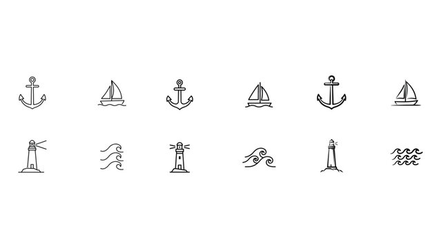 Set of nautical marine icons anchor sailboat lighthouse waves ocean travel collection for sea adventure and maritime exploration.