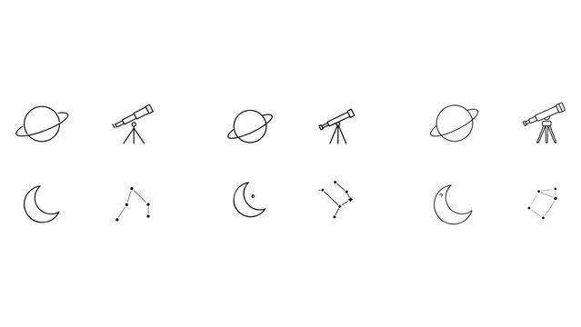 Set of astronomy icons featuring planet telescope moon and constellations for space science and exploration design.