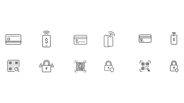 Digital payment and security icons set containing credit cards smartphone transaction scan code padlock protection shield elements for business interface.