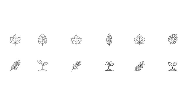 Set of linear icons depicting nature elements like leaves, branches, and sprouting plants for environmental and organic themes.