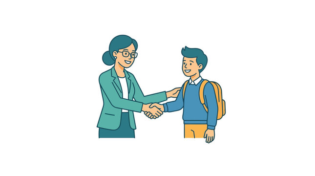 A female teacher and a male student shaking hands in a classroom setting.