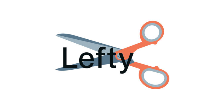 A pair of orange handled scissors with the word Lefty written across them.