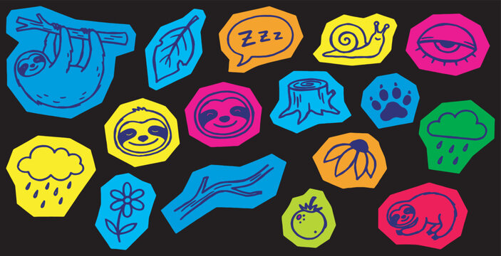 Colorful hand-drawn doodle stickers featuring sloths, nature elements, and whimsical symbols on a dark background.