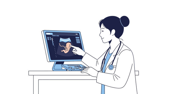 Doctor showing ultrasound image of fetus on computer screen, medical examination