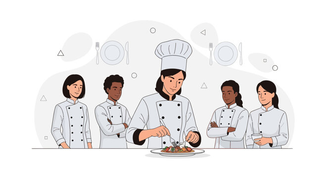 Diverse Team of Chefs in Uniform Working Together in a Culinary Setting with Modern Flat Design