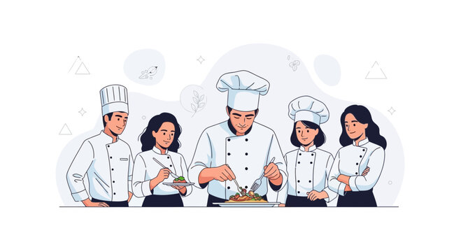 Diverse Team of Chefs Working Together in a Modern Kitchen, Focus on Culinary Art and Teamwork