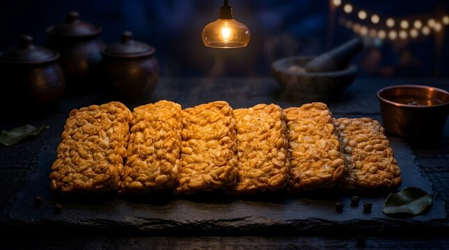 Crispy Fried Tempeh Blocks Arranged on Stone Plate Under Dramatic Moody Light