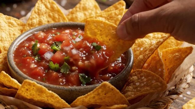 Hand dipping a crunchy tortilla chip into a bowl of fresh, vibrant salsa.