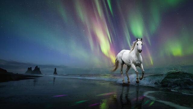 Two white horses running on a beach under the northern lights with wildlife