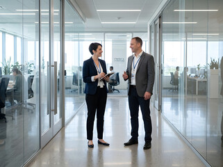 Fototapeta premium Business professionals discussing project in office hallway
