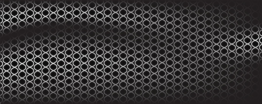 Black circular dots on white background. Mosaic holey print. Perforated metal texture. Peg board, radiator or speaker grill surface with repeated round holes. Vector graphic illustration.