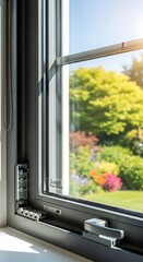 Fototapeta premium Window view of a garden with sunlight and greenery.