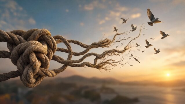 unraveling. Complex knot unraveling with birds emerging, symbolic transformation, natural light. wildlife magazines, conservation campaigns, designed for eco-tourism storytelling, used by chefs.