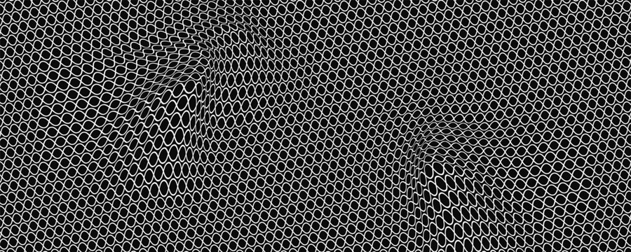 Black circular dots on white background. Mosaic holey print. Perforated metal texture. Peg board, radiator or speaker grill surface with repeated round holes. Vector graphic illustration.