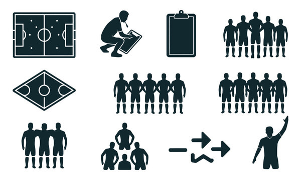 Comprehensive collection of football and soccer sport game icons including players coach referee and fields design elements .silhouette degin