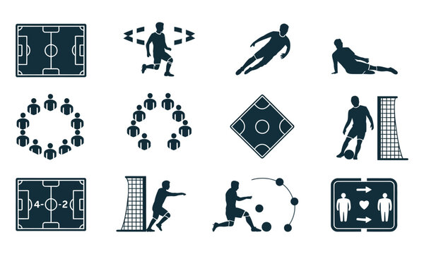 Modern flat design soccer and football sport icons set with players and field tactics illustrations .silhouette degin
