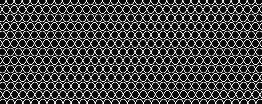 Black circular dots on white background. Mosaic holey print. Perforated metal texture. Peg board, radiator or speaker grill surface with repeated round holes. Vector graphic illustration.