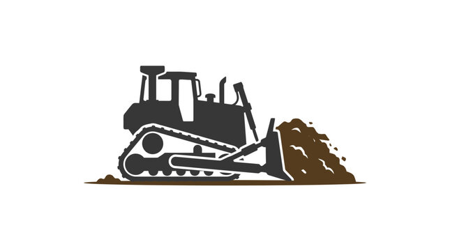 A detailed silhouette illustration of a heavy duty bulldozer pushing a pile of dirt.