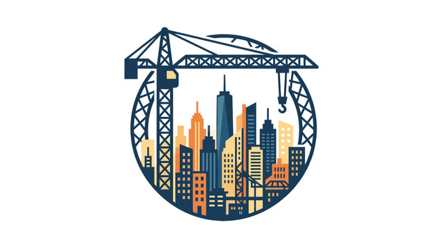 A stylized circular logo featuring a construction crane over a dense city skyline.