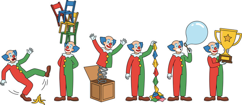 Funny Circus Clown Performance Character Set Showing Classic Comedy Gags Including Slipping on Banana Peel Balancing Chairs and Jack in the Box Vector Illustration