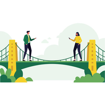 Business professionals with smartphones standing on a bridge corporate memphis style vector illustration