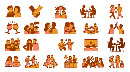 Fototapeta premium Diverse Human Interactions and Activities in a Varied Icon Set on Clear Illustration