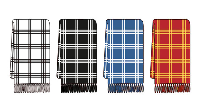 Collection of Plaid Scarves in Various Colors with Fringes Illustrated