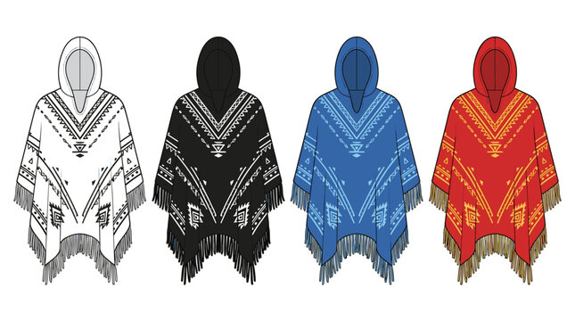 Vibrant Hooded Poncho Collection with Tribal Patterns and Fringe Detail in Various Colors