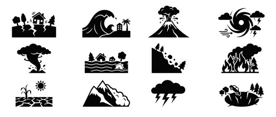 Obraz premium Set of black icons illustrating various natural disasters environmental hazards and catastrophic events