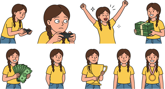 Female Gamer Character Expression Set with Video Game Controller Showing Victory Anger Holding Cash Trophy and Gold Medal Rewards Vector Illustration