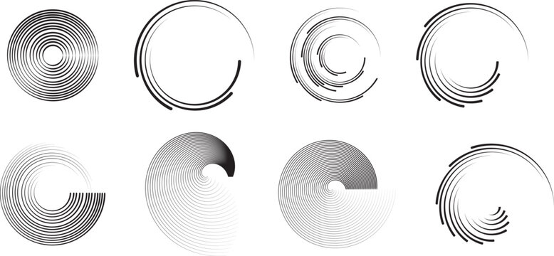 Abstract geometric monochrome speed circle line vortex vector illustration set. Simple linear concentric radial arc swoop pattern collection, minimalist black dynamic shell segment loop element pack i