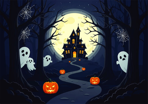 Spooky haunted house on a hill under a full moon with ghosts and pumpkins, a vector flat design illustration