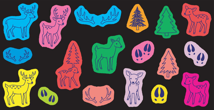 Colorful collection of deer, antlers, trees, and footprints on a black background, perfect for nature-themed designs and crafts.